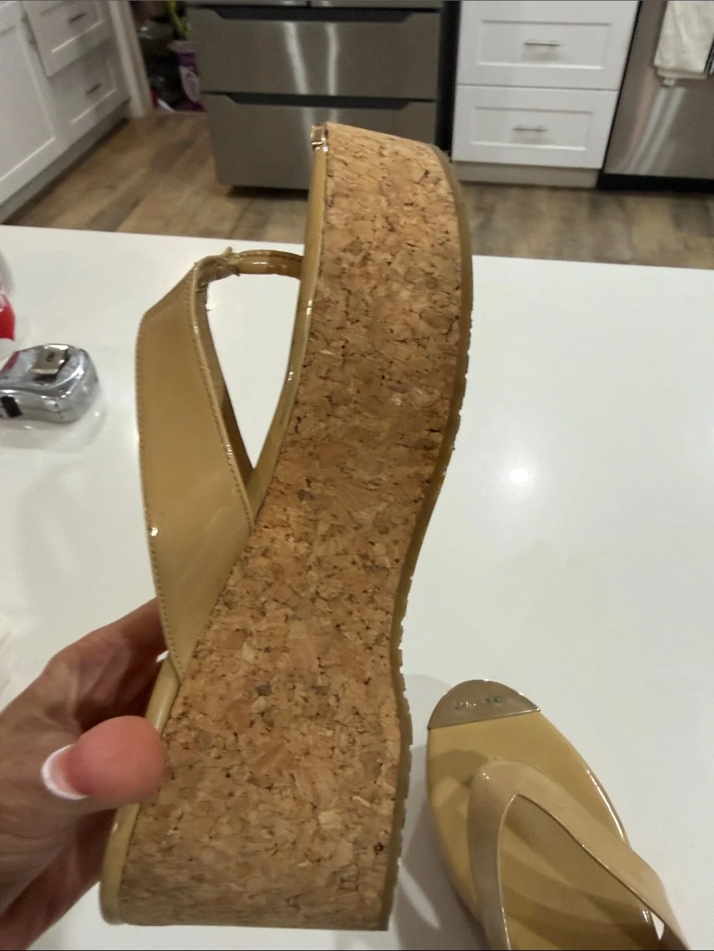 Jimmy Choo Nude Patent Cork Wedge Thongs